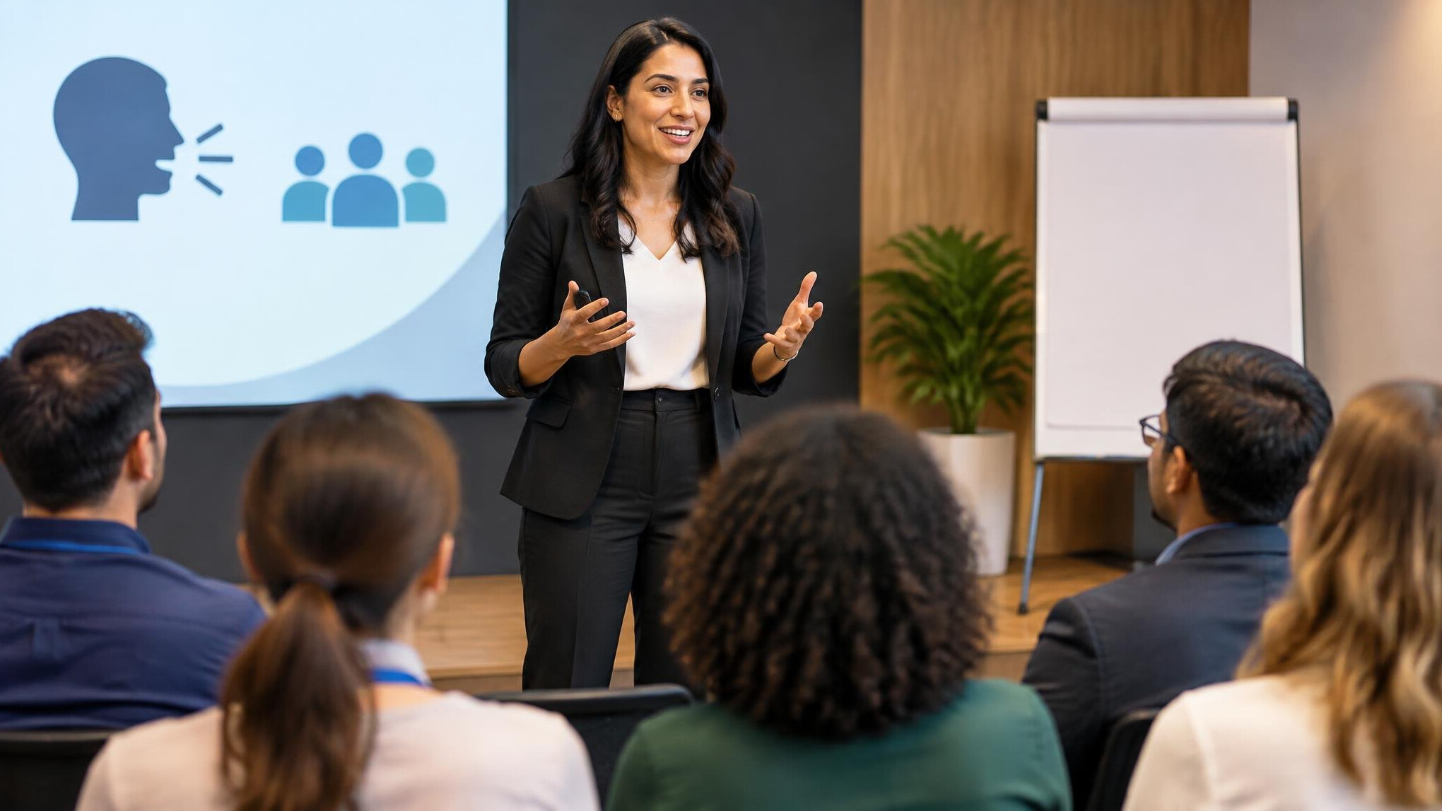 confident speaker on stage