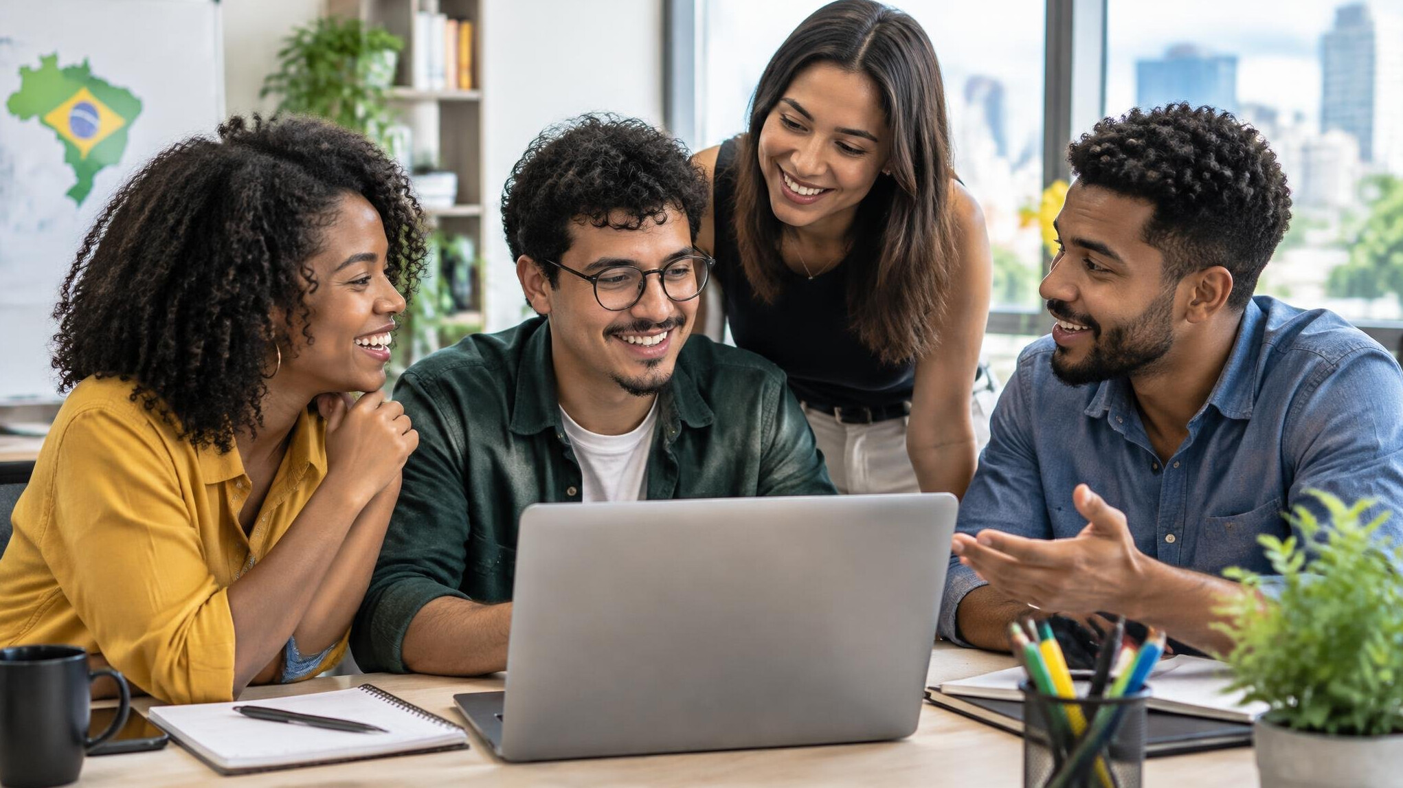 Team collaborating around a laptop