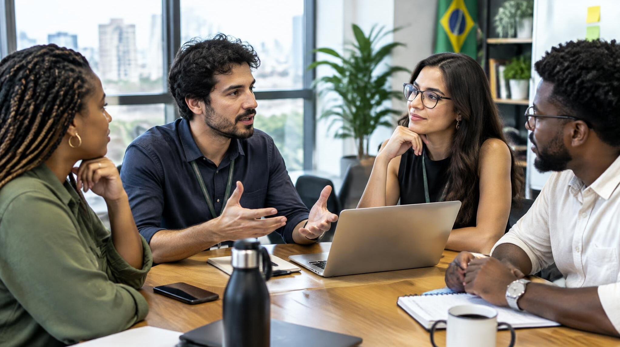Colleagues discussing ideas in an office